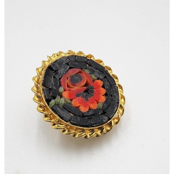 Vintage Round Mosaic Clip Back Floral Earrings Gold Tone - Picture 2 of 7